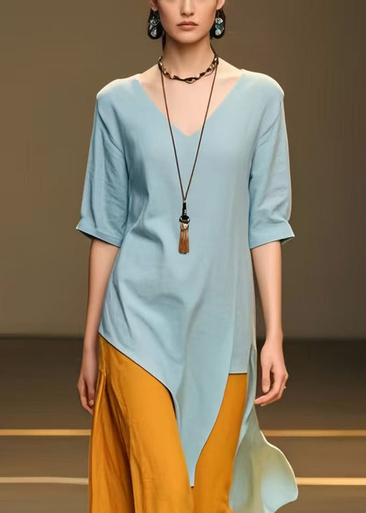Plus Size Sky Blue Asymmetrical Patchwork Cotton Long Dress Summer