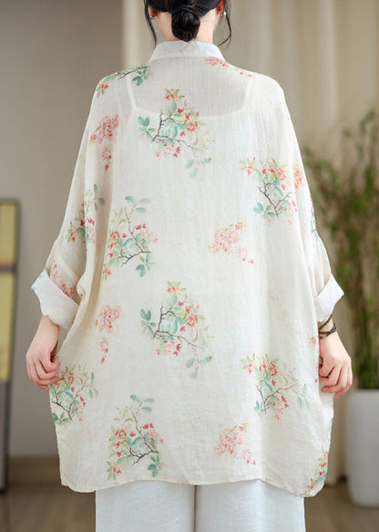 Fine White Oversized Print Linen Oriental Cardigan Spring
