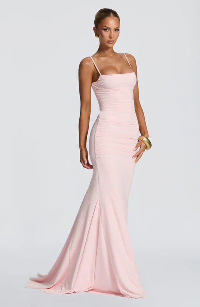 Spaghetti Strap Ruched Lace-Up Back Mermaid Gown