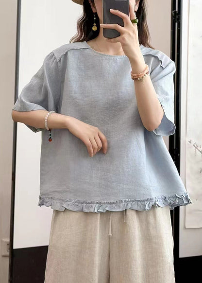 Sky Blue Wear On Both Sides Solid Linen Summer Blouse Ruffled