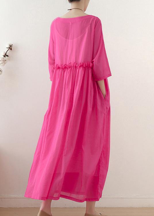 Casual Rose O-Neck Ruffled Long Dress Summer Chiffon Dress