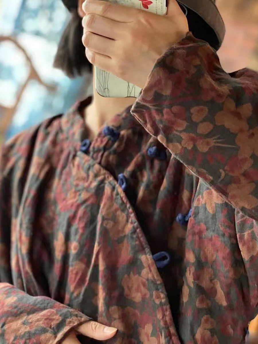 Women Stand Collar Print Pure Linen Vintage Loose Padded Coat