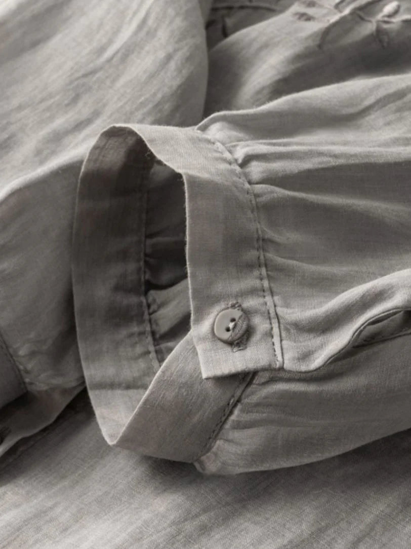 Embroidered 3/4 Sleeve Casual Linen Shirt Top With A Patch Pocket