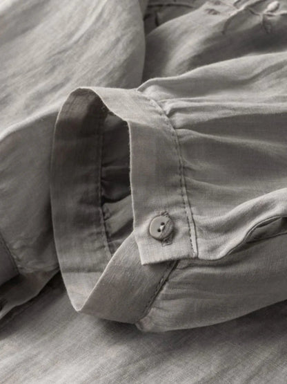 Embroidered 3/4 Sleeve Casual Linen Shirt Top With A Patch Pocket