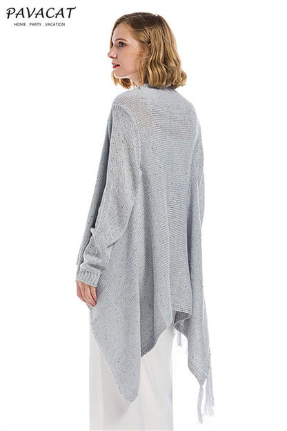 Tassel Asymmetrical Hem Shawl Speckled Fringe Cardigan - Green