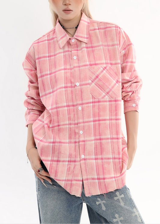 Women Pink Oversized Plaid Cotton Shirt Tops Spring