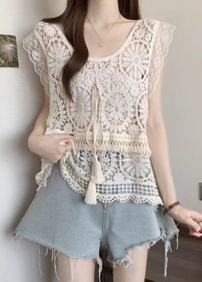 Fashion Apricot O-Neck Tassel Lace Tank Summer