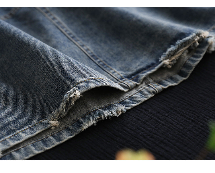 Vintage Denim Shredded Embroidered A-Line Skirt