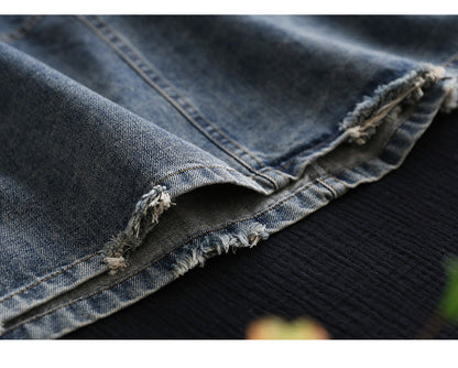 Vintage Denim Shredded Embroidered A-Line Skirt