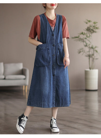 Mid Length Sleeveless Large Pocket V-Neck Plus Size Dress