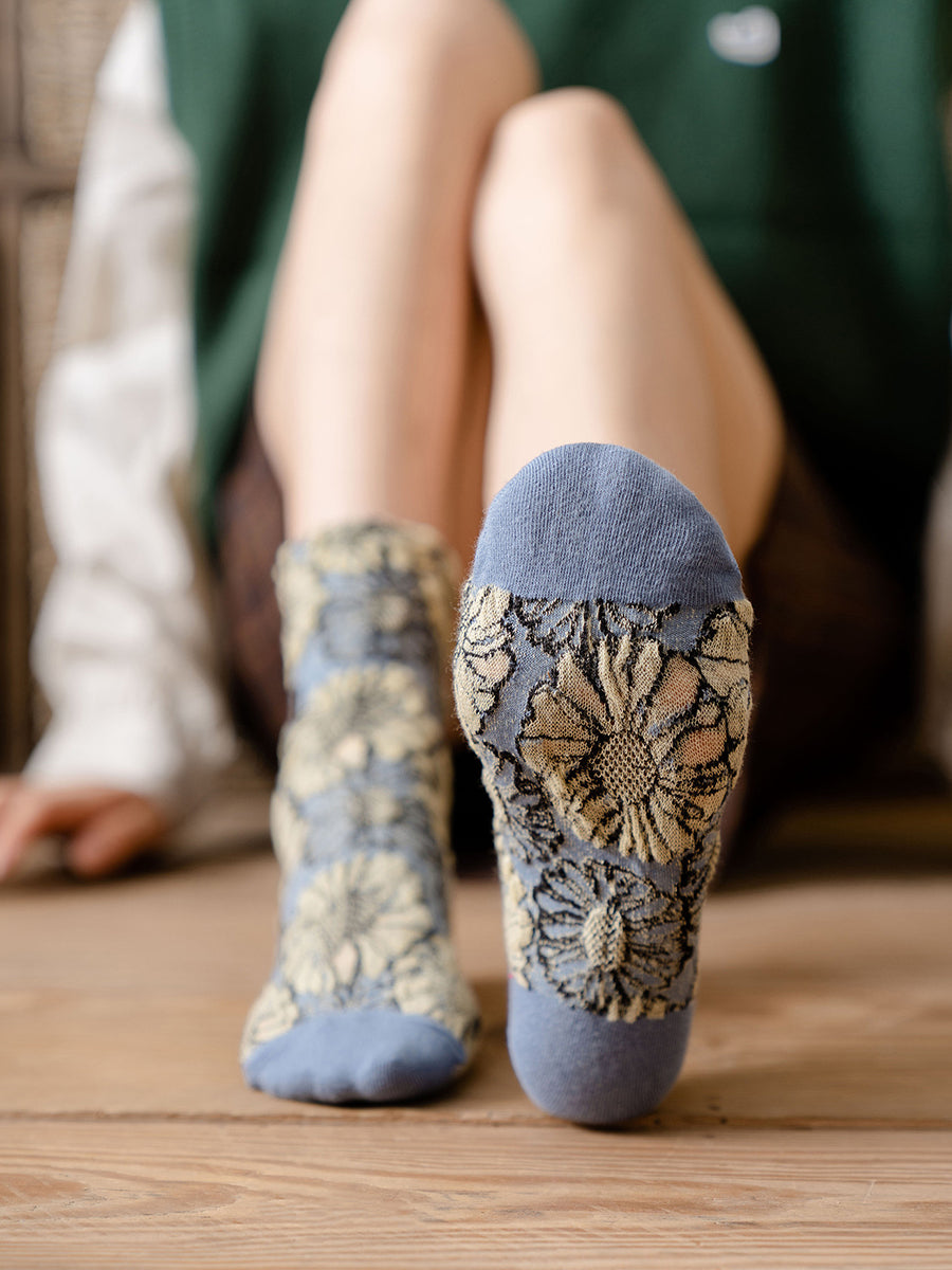 5 Pairs Cotton Vintage Floral Women Socks