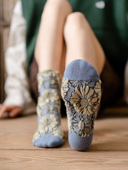 5 Pairs Cotton Vintage Floral Women Socks