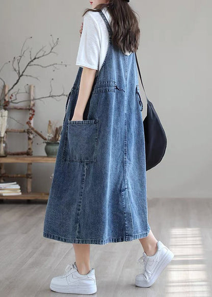 Plus Size Blue drawstring pocket Spaghetti Strap Cotton denim Dress