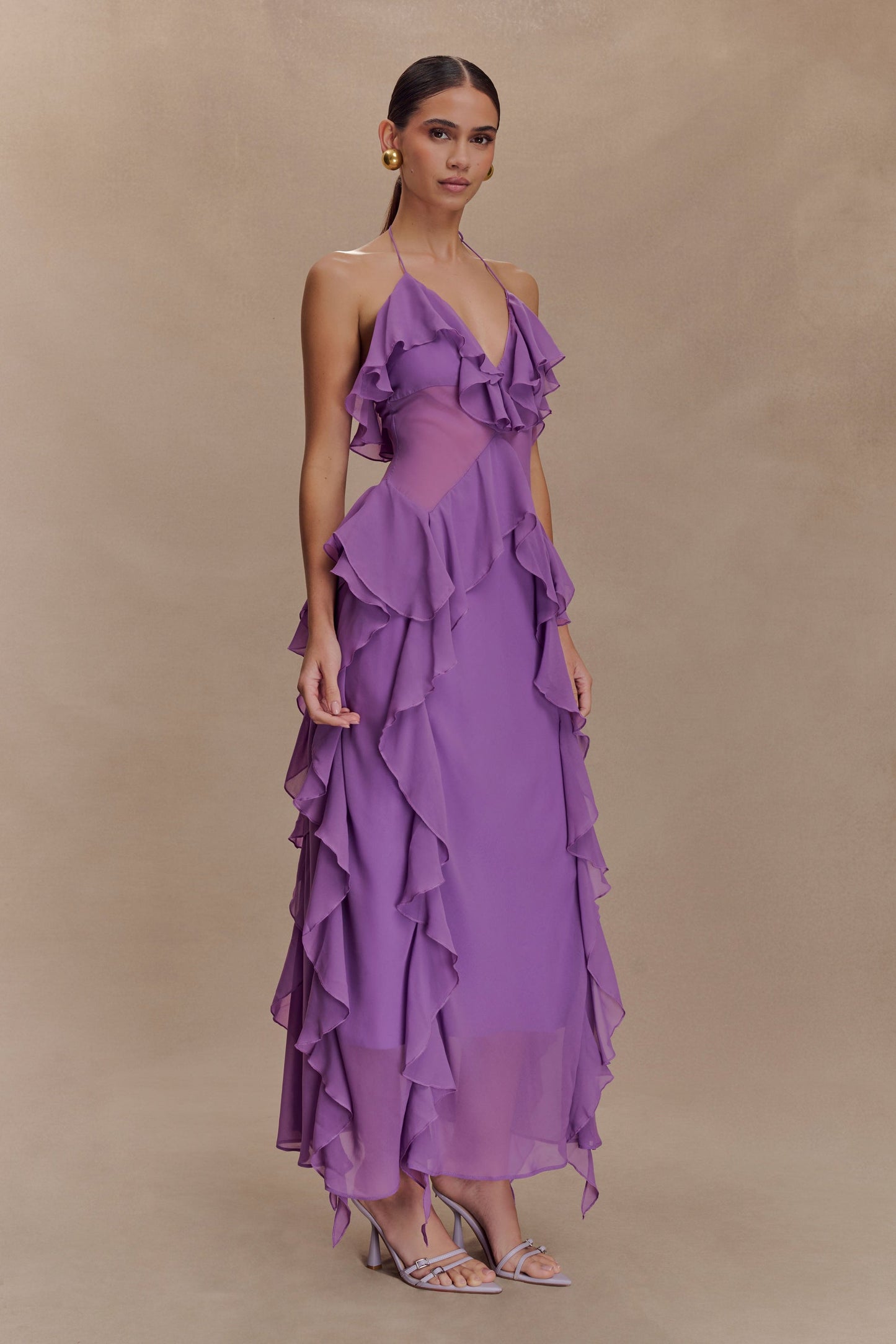 Sexy Sleeveless Halter Wooden Ear Chiffon Dress