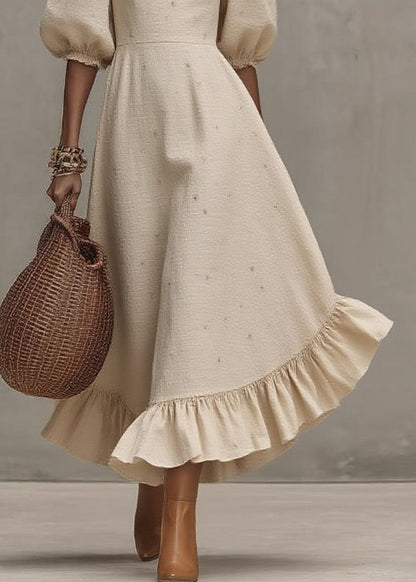 Loose Beige Square Collar Print Solid Long Dress Short Sleeve
