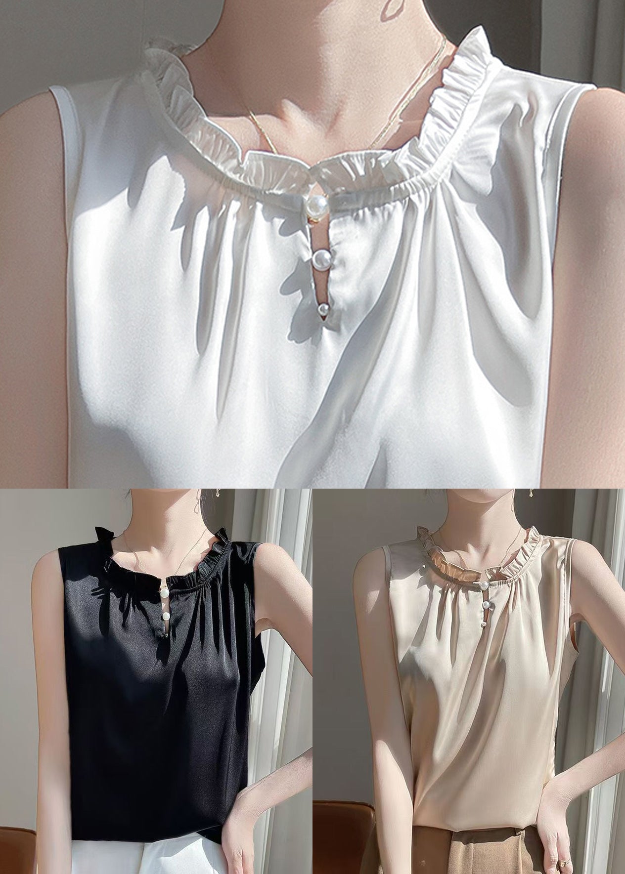 Simple Champagne Color O-Neck Pearl Button Silk Shirt Summer