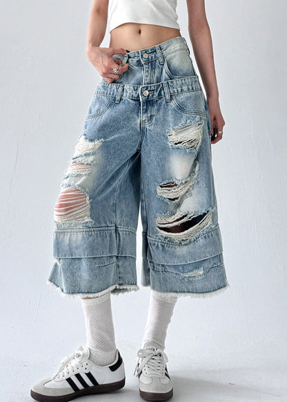 Chic Blue Hole Original Design Denim Crop Pants Summer