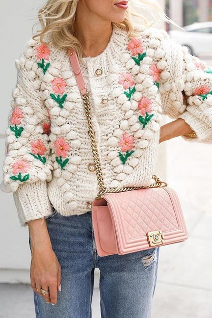 Floral Pearl Button Cardigan-White