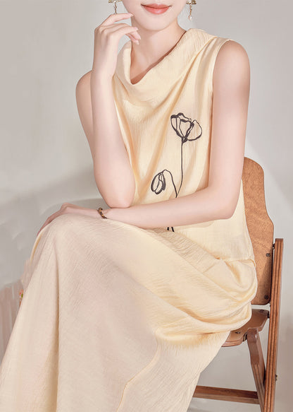 Chinese Style Light Yellow Turtleneck Top And Maxi Skirts Two Pieces Set Summer