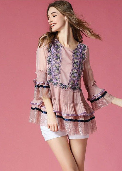 Beautiful Pink Embroideried Lace Patchwork Silk Top Bracelet Sleeve