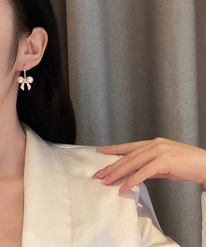 Fashion Gold Copper Alloy Zircon Patchwork Bow Pearl Hoop Earrings