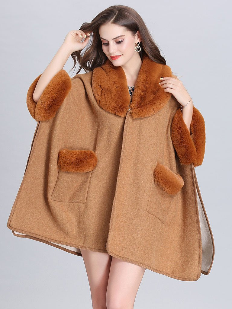 Poncho Knitwear Women Faux Fur Coat Shawl Collar Sweaters