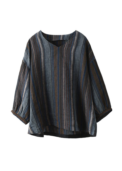 Boho V Neck Striped Loose Linen Shirts Summer