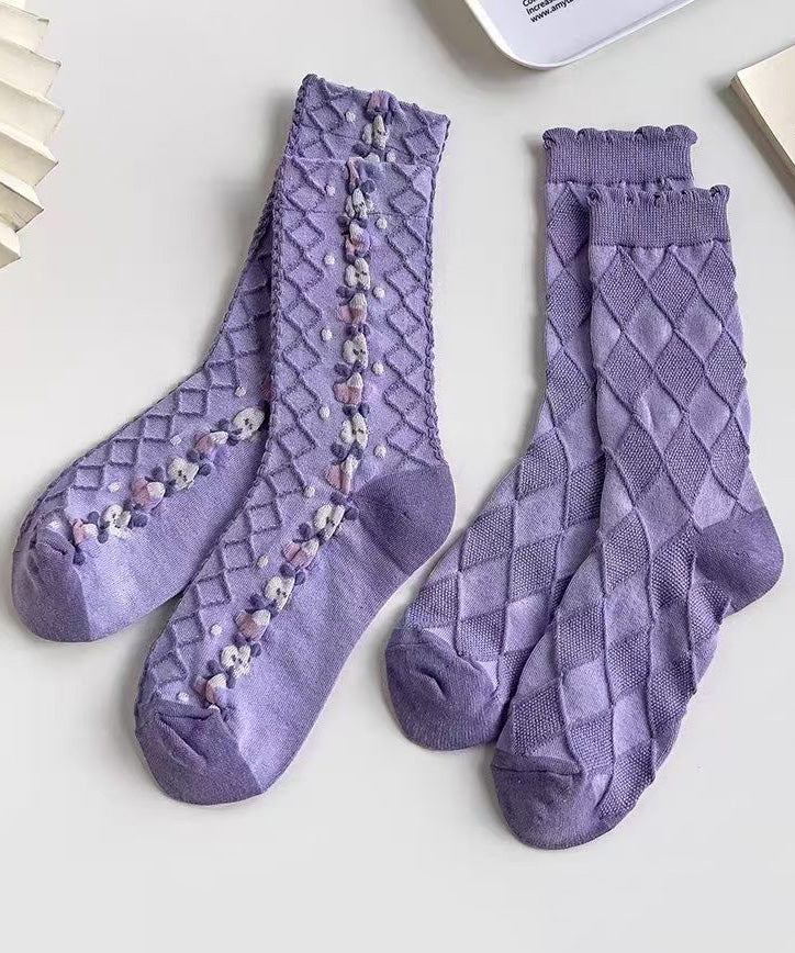 Spring Purple Jacquard Cozy Breathable Crew Socks