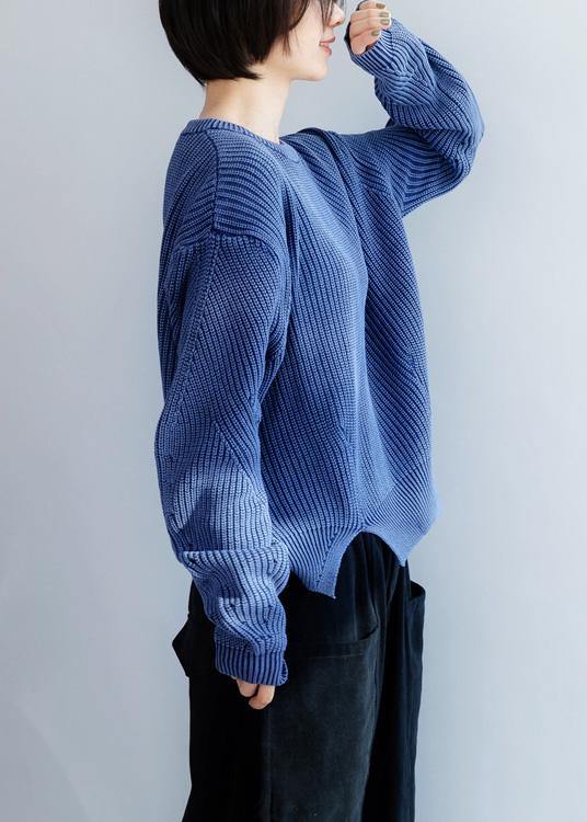 Oversized blue knit blouse open hem Loose fitting knit tops