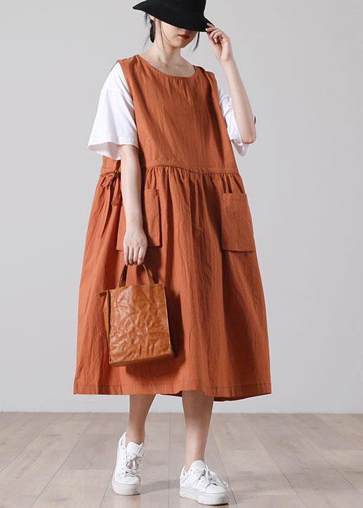 Plus Size Pockets Orange Mid big hem Summer Cotton Dress