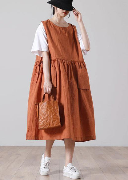 Plus Size Pockets Orange Mid big hem Summer Cotton Dress