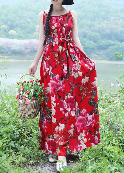 100% red floral linen sleeveless long summer Dresses