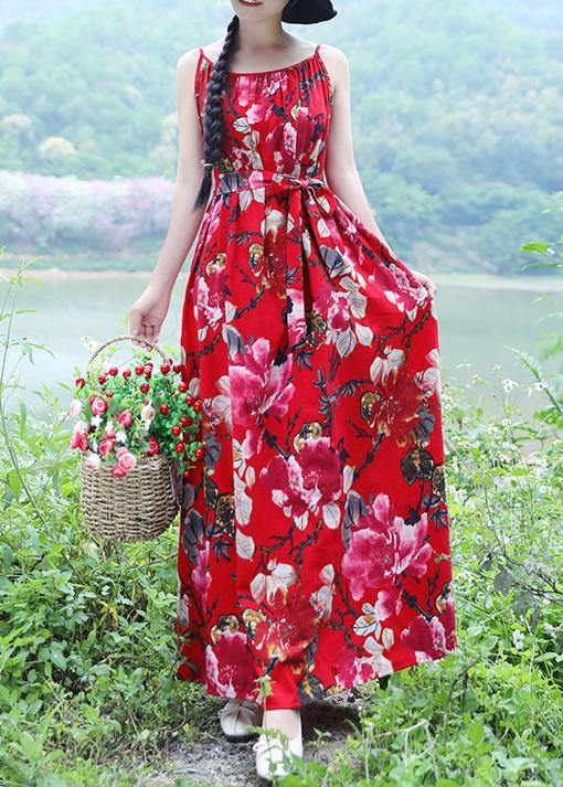 100% red floral linen sleeveless long summer Dresses