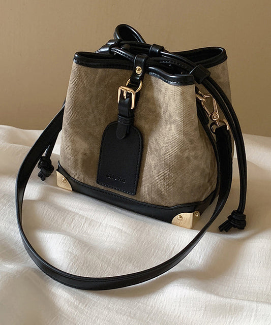 Women Black Faux Leather Drawstring Bucket Bag