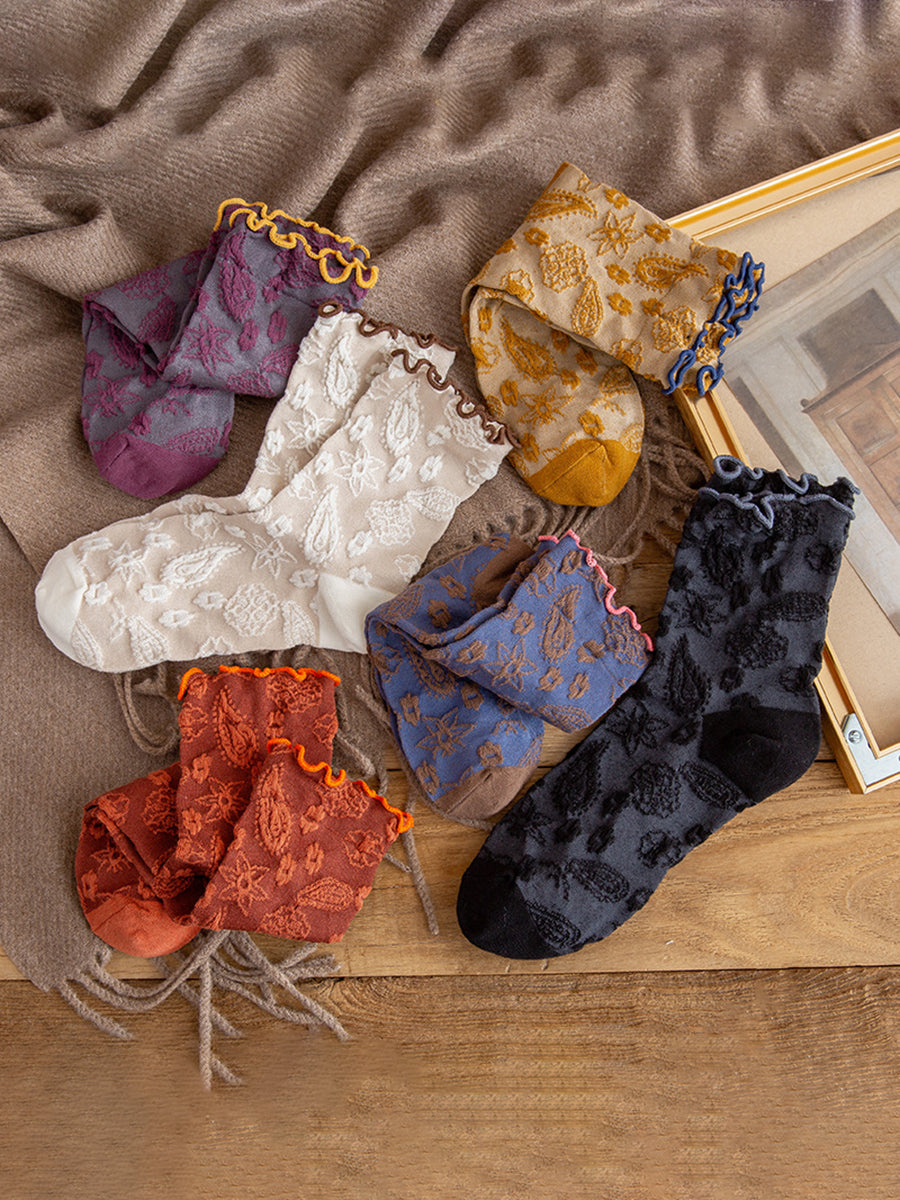 6 Pairs Women Cute Agaric Lace Embroidered Socks