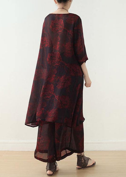 fashion red prints two pieces bracelet sleeved dress and wide leg pants