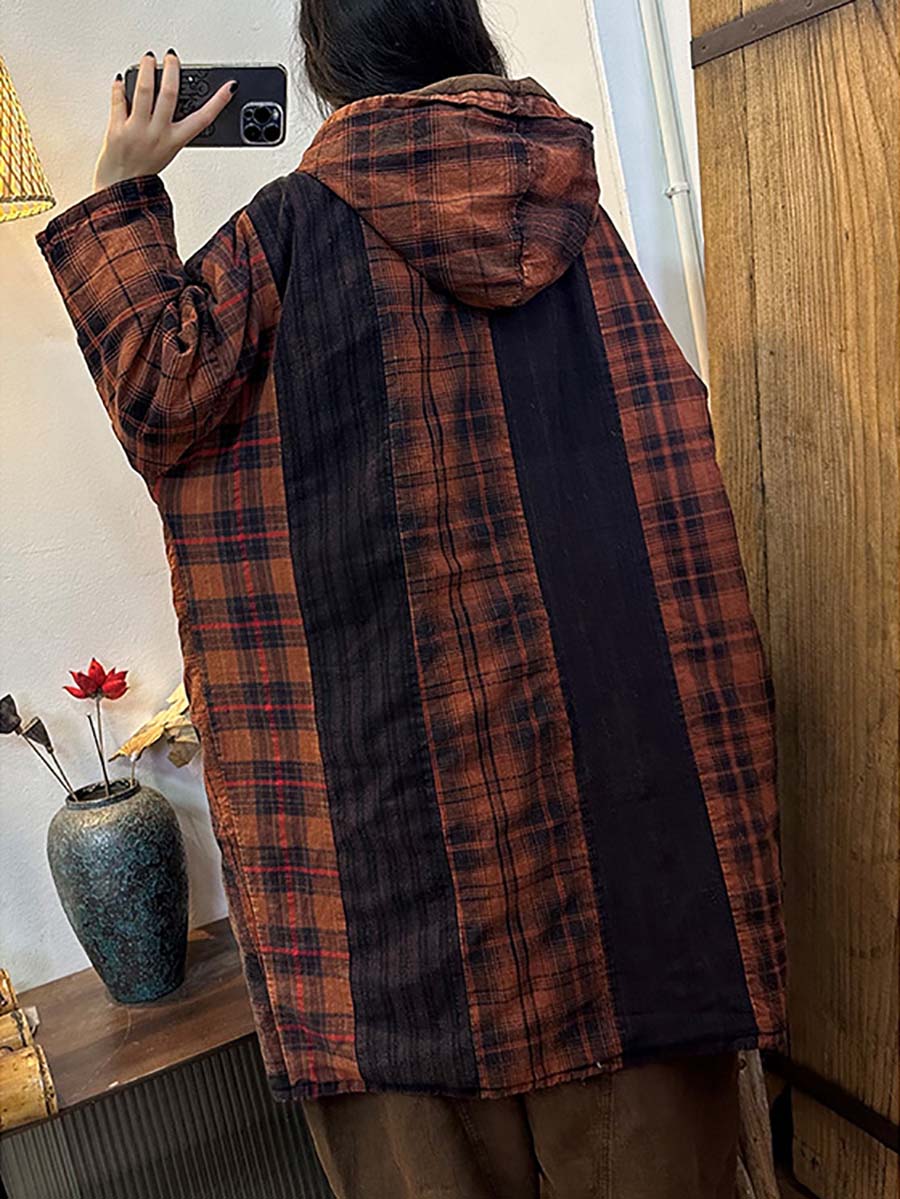 Women Button Plaid Stripe Splicing Casual Hodded Coat