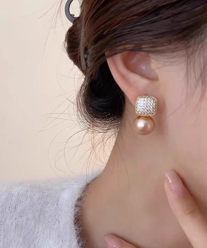 Chic Champagne Copper Overgild Zircon Pearl Stud Earrings