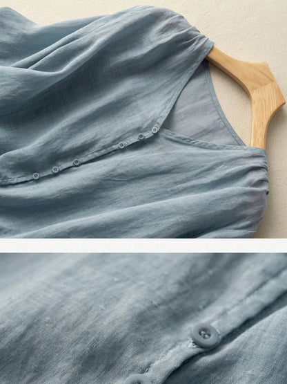 Pure Color V Neck 3/4 Sleeve Casual Linen Shirt Top