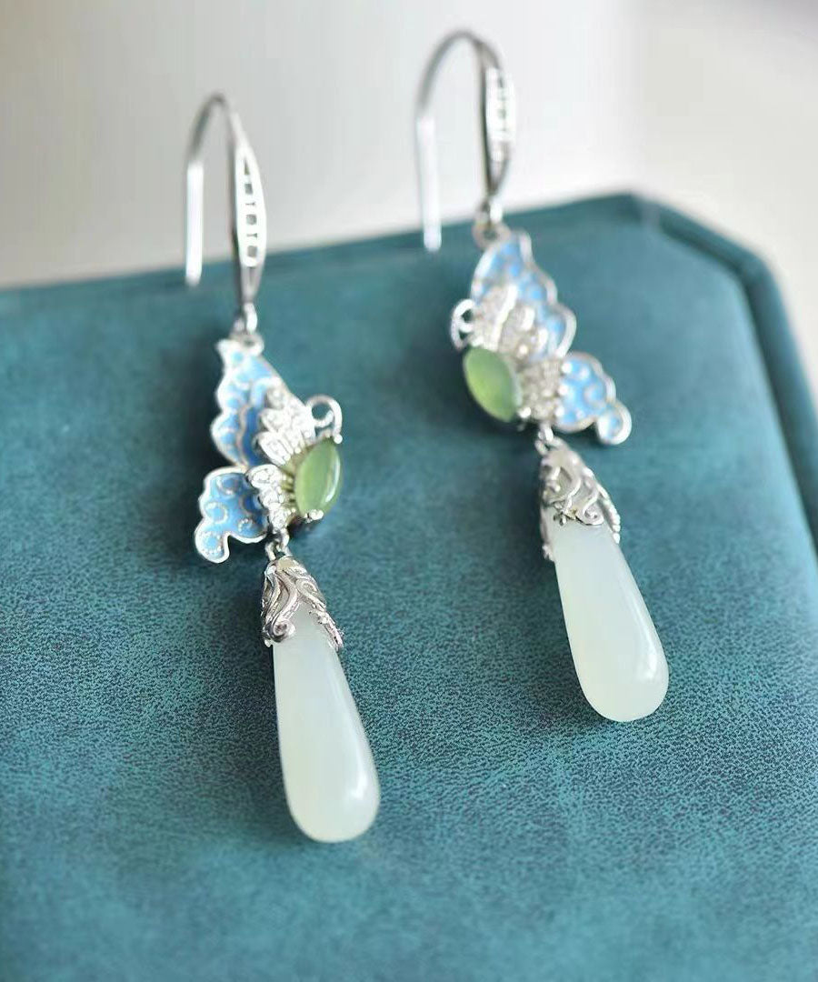 Vintage Gold Sterling Silver Overgild Zircon Jade Butterfly Drop Earrings