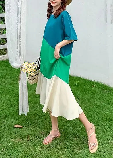 Modern o neck Ruffles clothes Runway green patchwork Art Dress