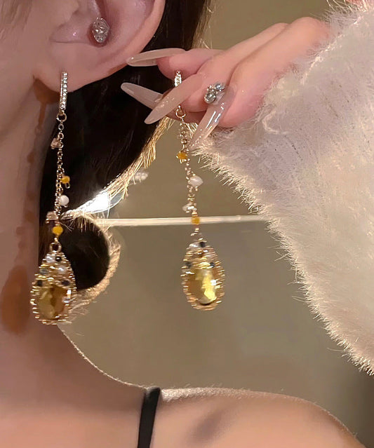Casual Gold Copper Overgild Zircon Crystal Pearl Tassel Water Drop Drop Earrings