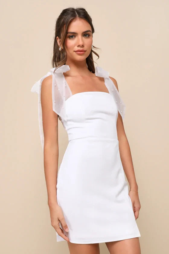 Beaming Perfection Pink Pearl Organza Tie-Strap Mini Dress
