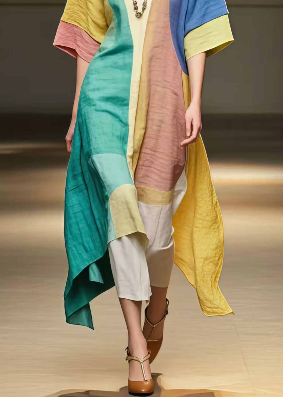 Fitted Polychrome Asymmetrical Patchwork Cotton A Line Dresses Summer