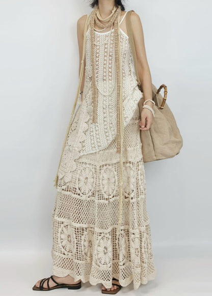 Art Beige Hollow Out Spaghetti Strap Tank And Skirts Knit Two Pieces Set Sleeveless