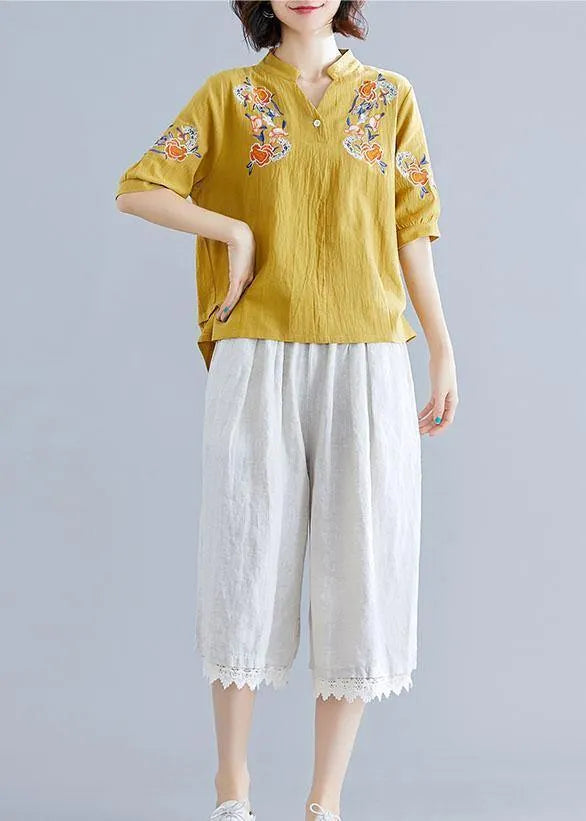 Women yellow embroidery linen cotton Blouse Sewing v neck summer top