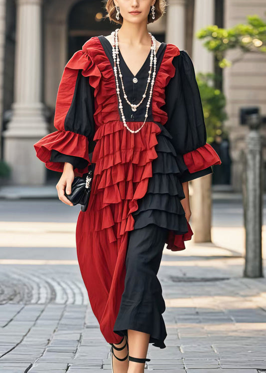 Plus Size Colorblock Asymmetrical Patchwork Ruffles Party Dress Flare Sleeve