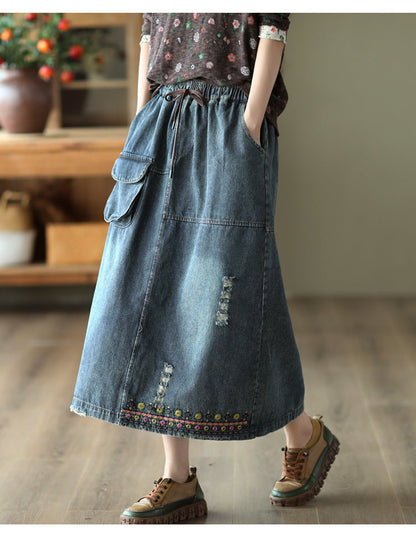 Vintage Embroidered Ripped Denim Slim A-Line Skirt