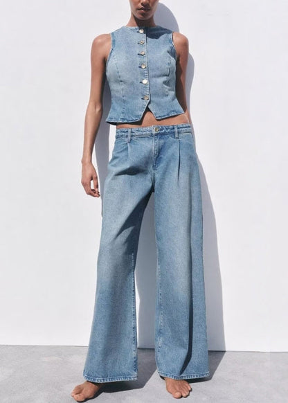 Fine Blue O Neck Button Denim Two Piece Set Sleeveless