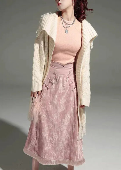 Cute Pink Tulle Patchwork Shirts And Maxi Skirts Two Piece Set Long Sleeve